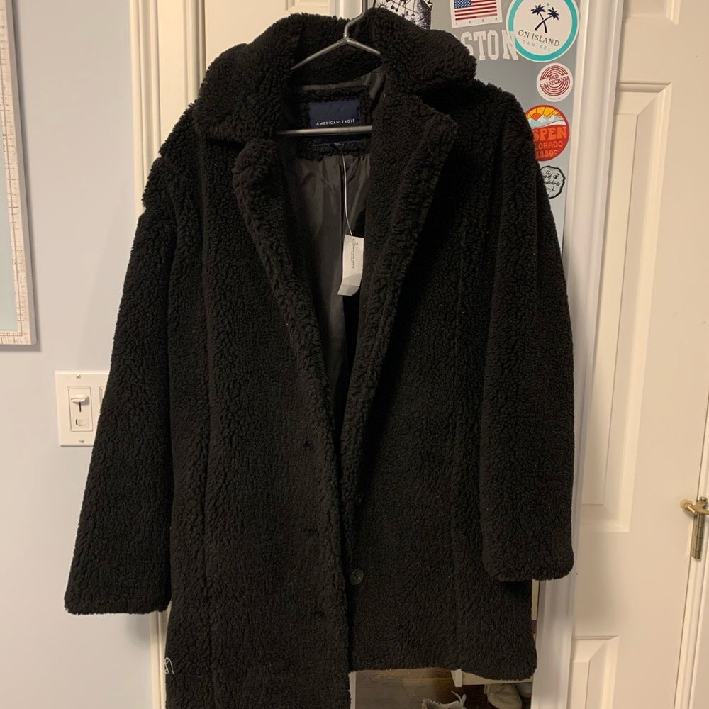 mid length black fluffy jacket